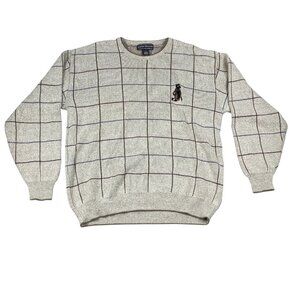 David Taylor Mens Beige Grid Knit Sweater Large Tall With Embroidered Golf Bag D